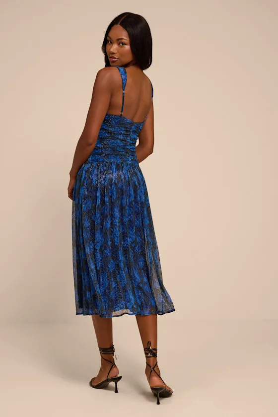 Evaluna Blue Abstract Print Lurex Pleated Midi Dress sold by Lulus product image thumbnail 3