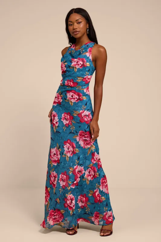 Fernanda Teal Blue Multi Floral Cowl Maxi Dress made by Lulus