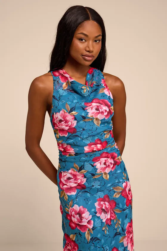 Fernanda Teal Blue Multi Floral Cowl Maxi Dress sold by Lulus product image thumbnail 2