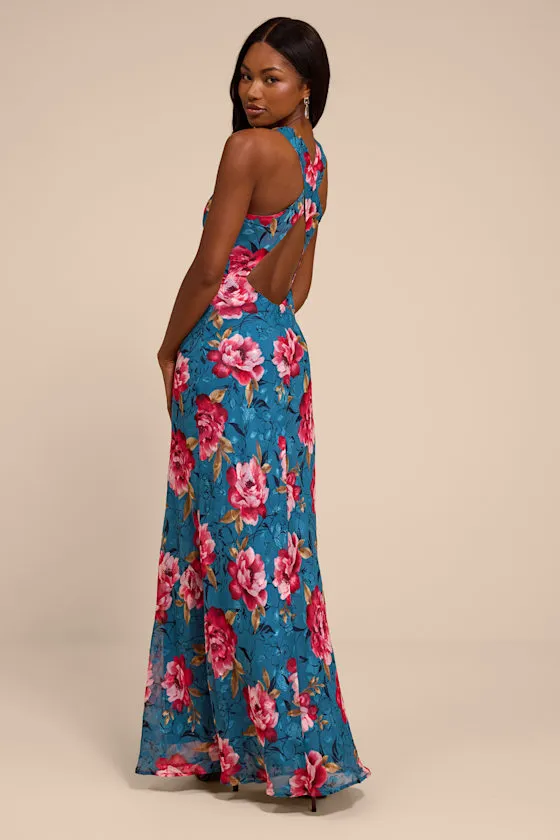 Fernanda Teal Blue Multi Floral Cowl Maxi Dress sold by Lulus product image thumbnail 3