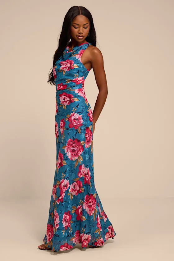 Fernanda Teal Blue Multi Floral Cowl Maxi Dress sold by Lulus product image thumbnail 4