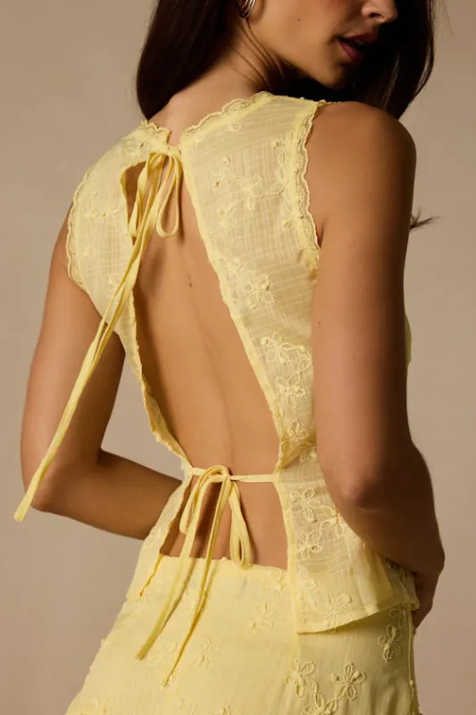 Dessie Light Yellow Embroidered Tie-Back Tank Top made by Lulus