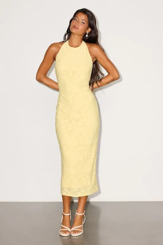 Sharona Yellow Floral Jacquard Backless Midi Dress made by Lulus