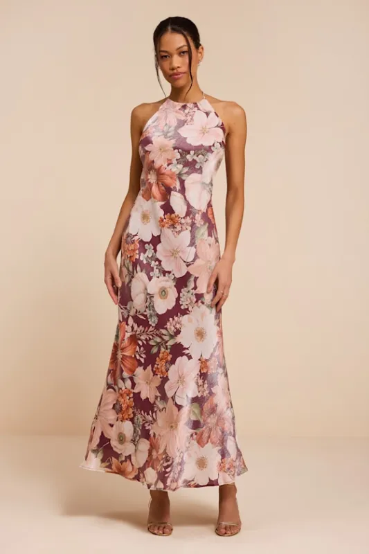 Sidney Dark Mauve Multi Floral Halter Maxi Dress made by Lulus