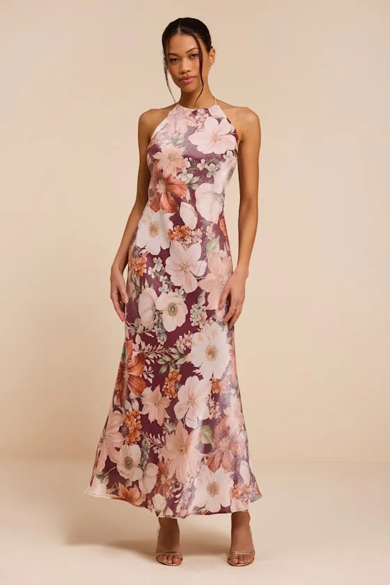 Sidney Dark Mauve Multi Floral Halter Maxi Dress sold by Lulus