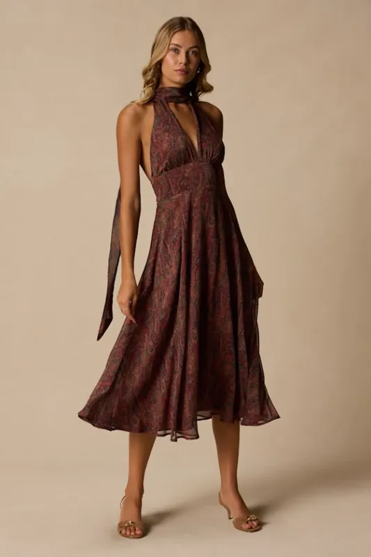 Kylinda Rust Multi Paisley Midi Dress and Scarf Set made by Lulus