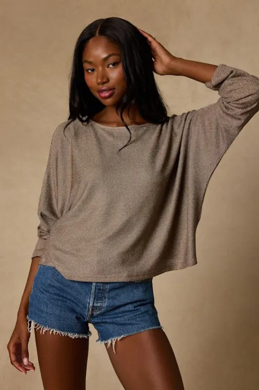 Braylin Taupe Lurex Knit Dolman Sleeve Top made by Lulus