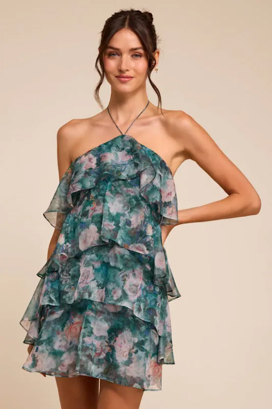 Melody Teal Multi Floral Tiered Halter Mini Dress made by Lulus