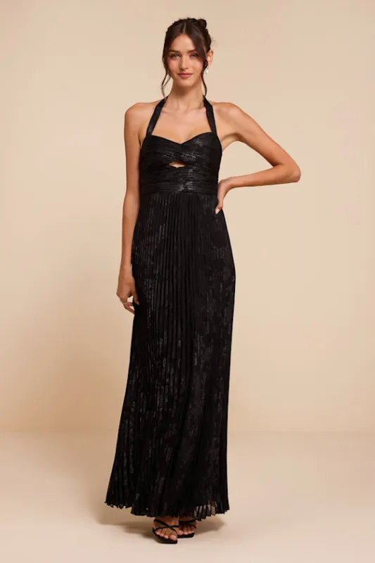 Krystal Black Floral Pleated Halter Maxi Dress made by Lulus