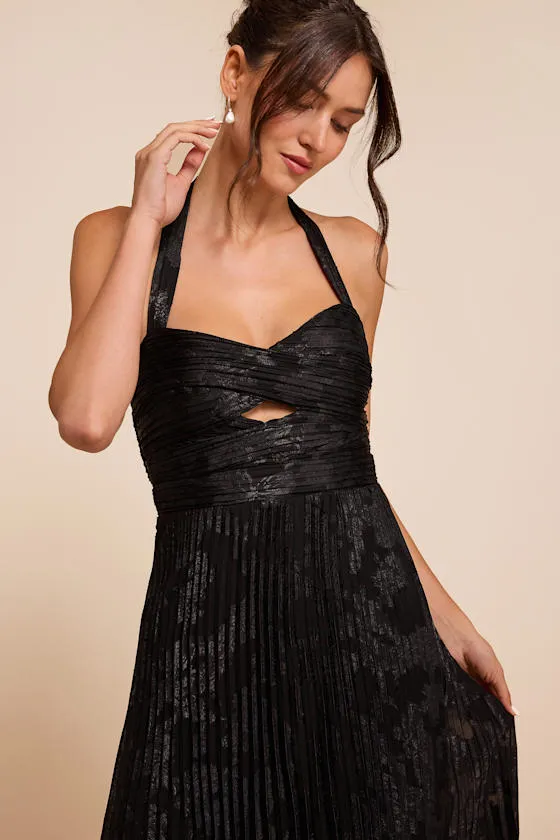 Krystal Black Floral Pleated Halter Maxi Dress sold by Lulus product image thumbnail 2