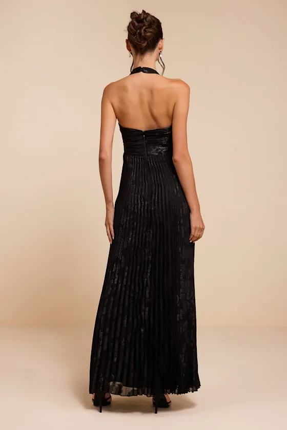 Krystal Black Floral Pleated Halter Maxi Dress sold by Lulus product image thumbnail 3