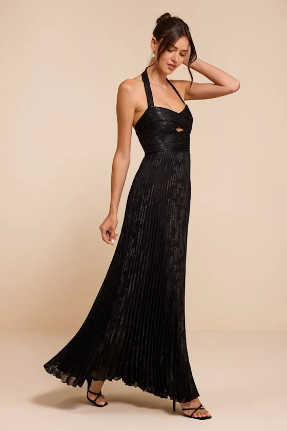 Krystal Black Floral Pleated Halter Maxi Dress sold by Lulus product image thumbnail 4