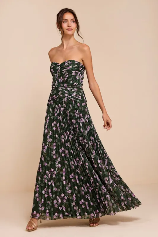 Marlene Dark Green Floral Pleated Drop Waist Maxi Dress made by Lulus