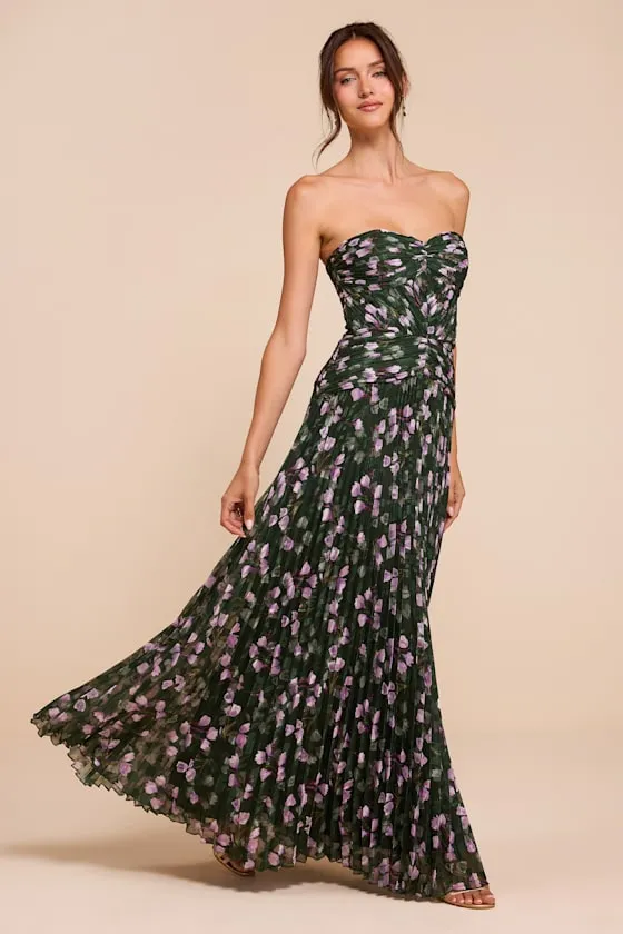 Marlene Dark Green Floral Pleated Drop Waist Maxi Dress sold by Lulus product image thumbnail 4