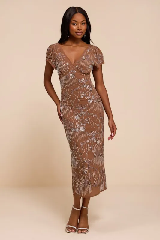 Angelila Light Brown Sequin Beaded Short Sleeve Midi Dress made by Lulus