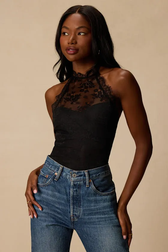 Cambrie Black Lace Halter Bodysuit sold by Lulus