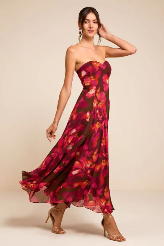 Madoria Brown Multi Floral Strapless Midi Dress made by Lulus