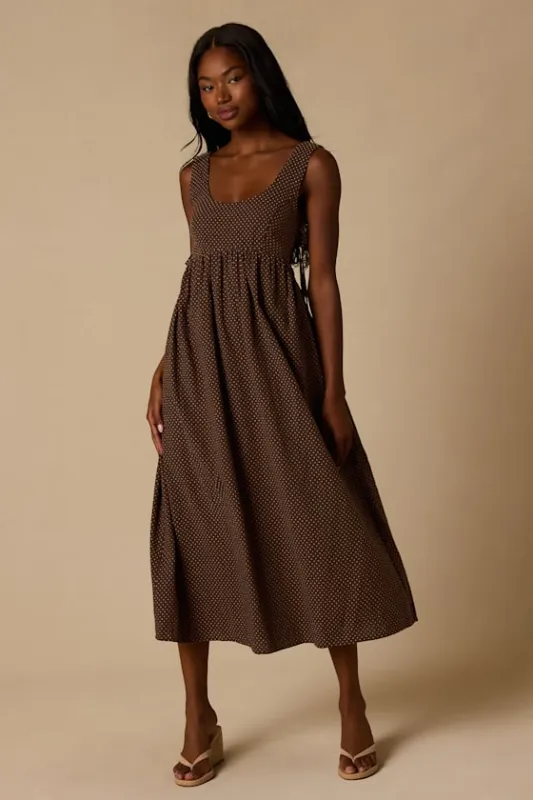 Shalena Brown Polka Dot Side-Tie Midi Dress made by Lulus