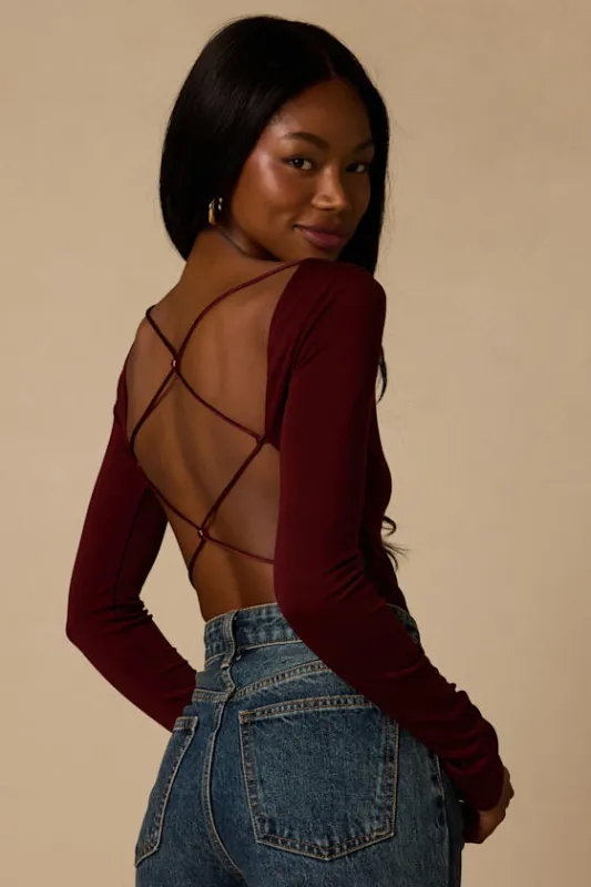 Lusa Maroon Jersey Knit Lace-Up Bodysuit made by Lulus
