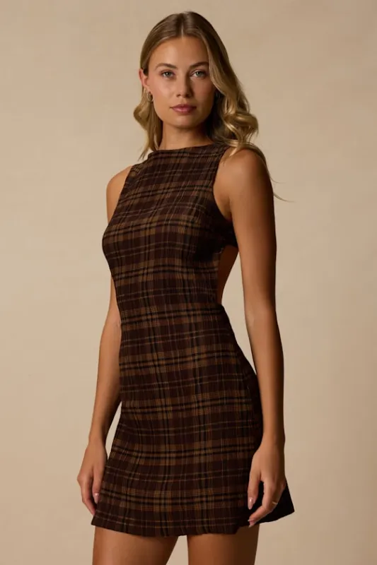 Kimber Brown Multi Plaid Cutout Mini Dress made by Lulus