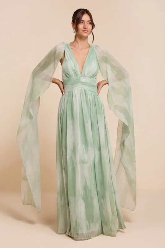 Damaria Sage Multi Abstract Cape Sleeve Maxi Dress made by Lulus