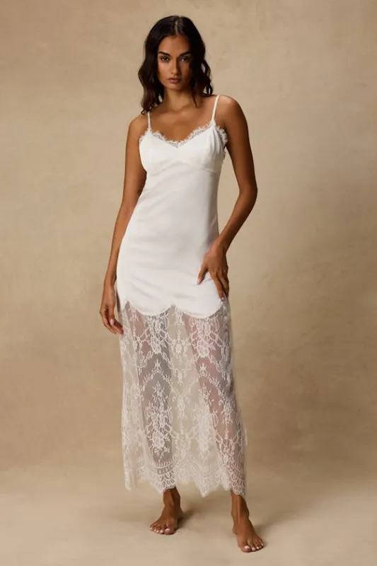 Jesse Ivory Satin Lace Maxi Lingerie Slip made by Lulus