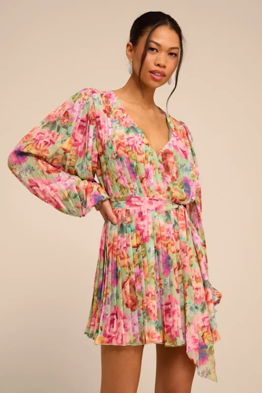 Dalila Sage Multi Floral Pleated Shift Mini Dress made by Lulus