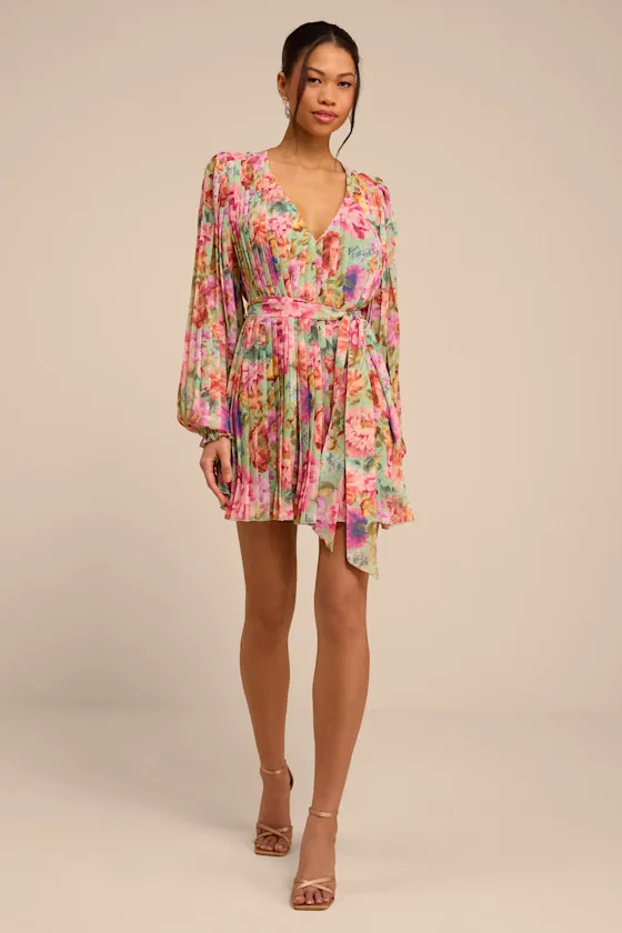 Dalila Sage Multi Floral Pleated Shift Mini Dress sold by Lulus product image thumbnail 3