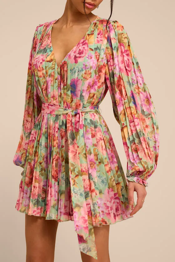 Dalila Sage Multi Floral Pleated Shift Mini Dress sold by Lulus product image thumbnail 4