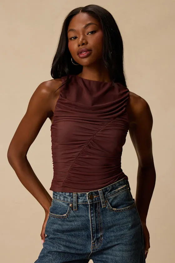 Camari Brown Mesh Ruched Tank Top sold by Lulus