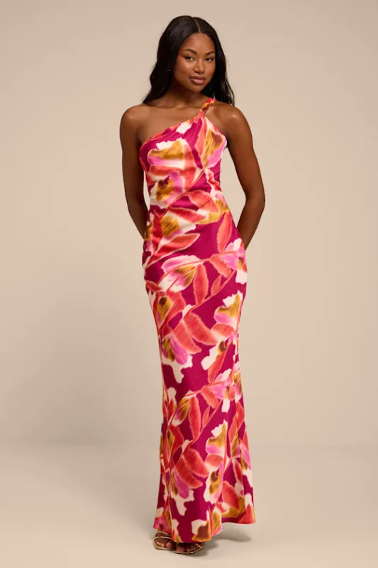 Sandria Magenta Multi Floral Satin One-Shoulder Maxi Dress made by Lulus