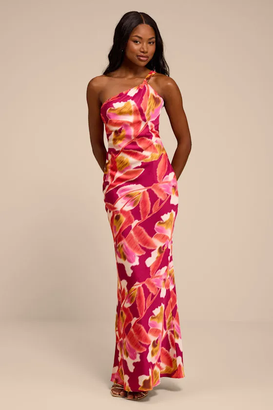 Sandria Magenta Multi Floral Satin One-Shoulder Maxi Dress sold by Lulus