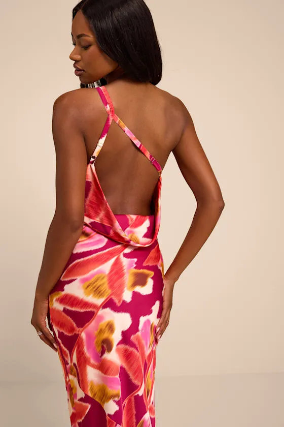 Sandria Magenta Multi Floral Satin One-Shoulder Maxi Dress sold by Lulus product image thumbnail 2
