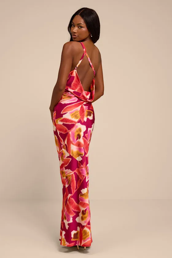 Sandria Magenta Multi Floral Satin One-Shoulder Maxi Dress sold by Lulus product image thumbnail 3