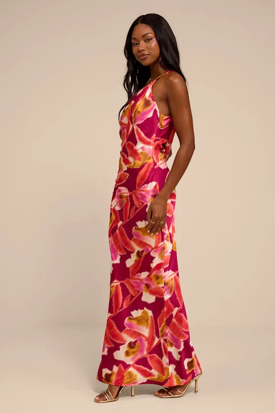Sandria Magenta Multi Floral Satin One-Shoulder Maxi Dress sold by Lulus product image thumbnail 4