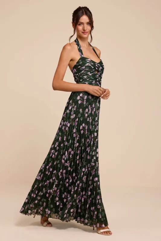 Marlene Dark Green Floral Pleated Halter Maxi Dress made by Lulus