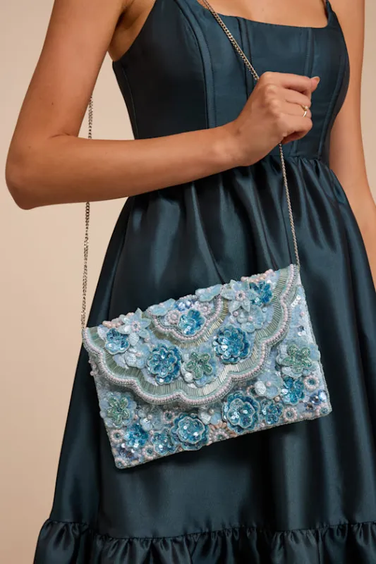 Marlea Light Blue Sequin Floral Crossbody Clutch made by Lulus