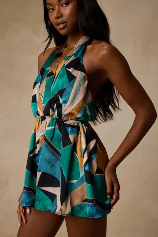 Demma Teal Multi Abstract Satin Romper made by Lulus