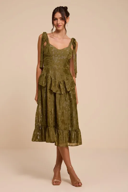 Elethea Olive Floral Jacquard Tie-Strap Midi Dress made by Lulus