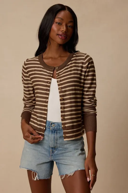 Becky Brown and Beige Striped Button-Up Cardigan made by Lulus