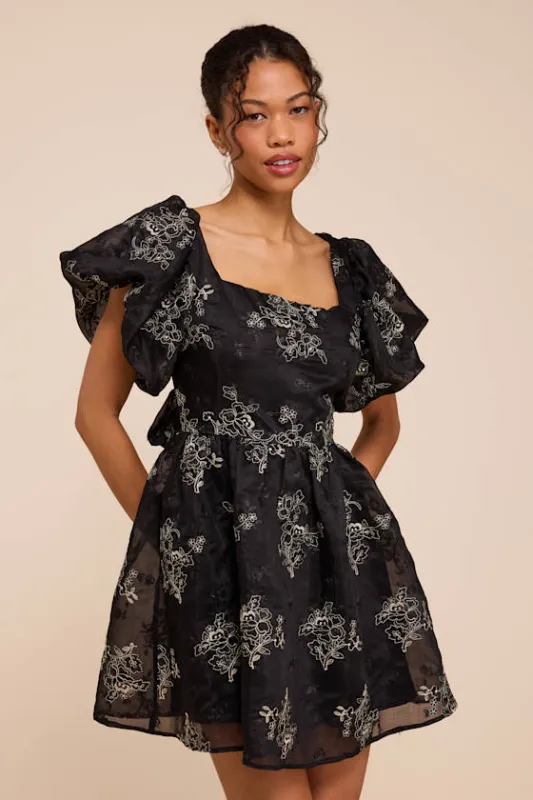 Cathaysa Black Embroidered Puff Sleeve Bow Mini Dress made by Lulus