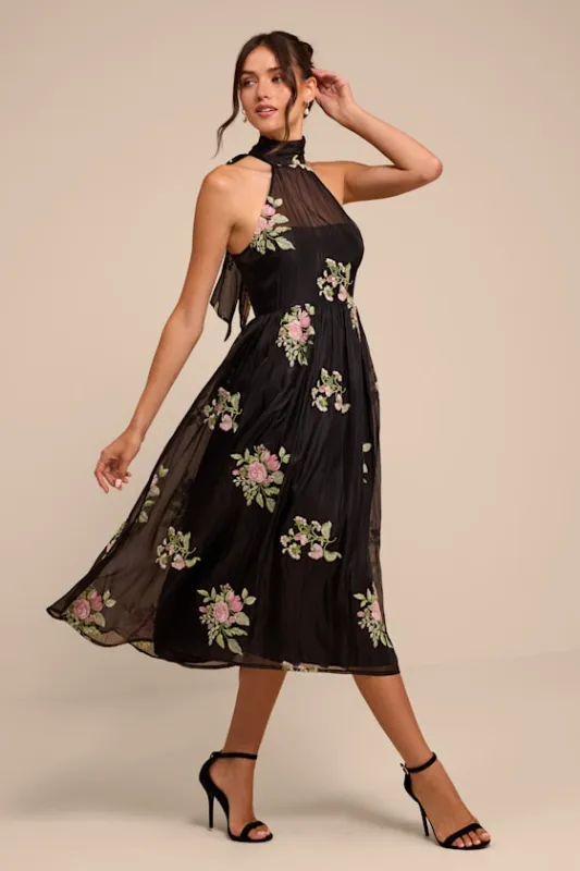 Kira Black Embroidered Halter Midi Dress made by Lulus