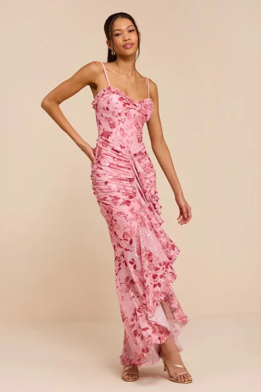 Zella Pink Multi Floral Mesh Ruffled Maxi Dress made by Lulus
