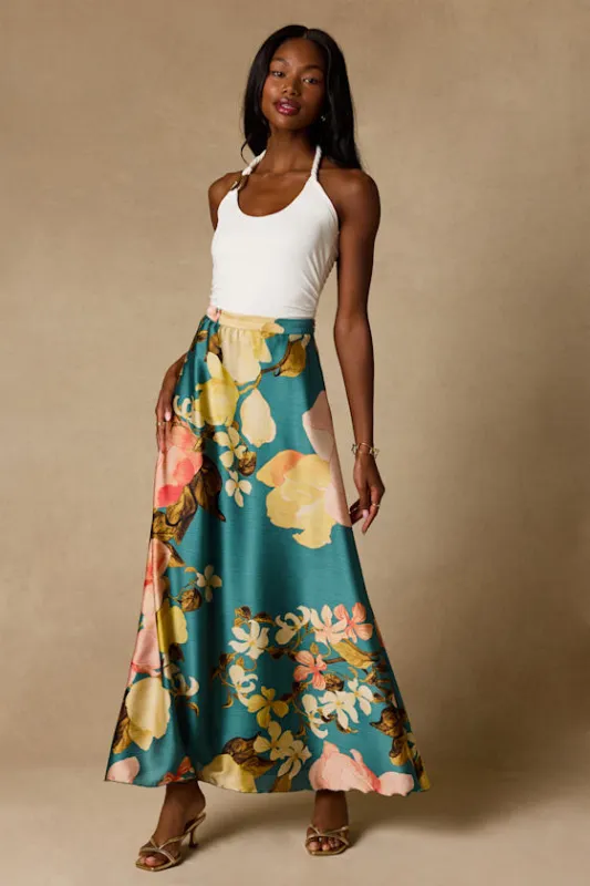 Micah Teal Multi Floral Satin Maxi Skirt made by Lulus