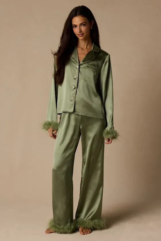 Dreamiest Delight Sage Satin Feather Two-Piece Pajama Set sold by Lulus