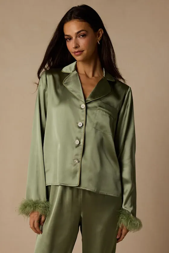 Dreamiest Delight Sage Satin Feather Two-Piece Pajama Set sold by Lulus product image thumbnail 2