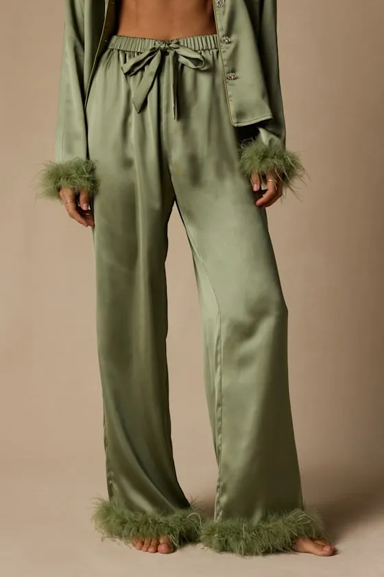 Dreamiest Delight Sage Satin Feather Two-Piece Pajama Set sold by Lulus product image thumbnail 3