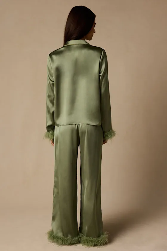 Dreamiest Delight Sage Satin Feather Two-Piece Pajama Set sold by Lulus product image thumbnail 4