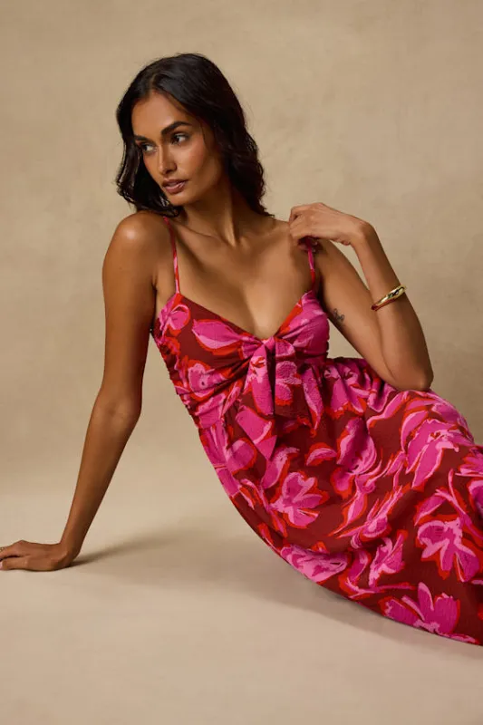 Sparrow Red and Pink Floral Tie-Front Midi Dress made by Lulus