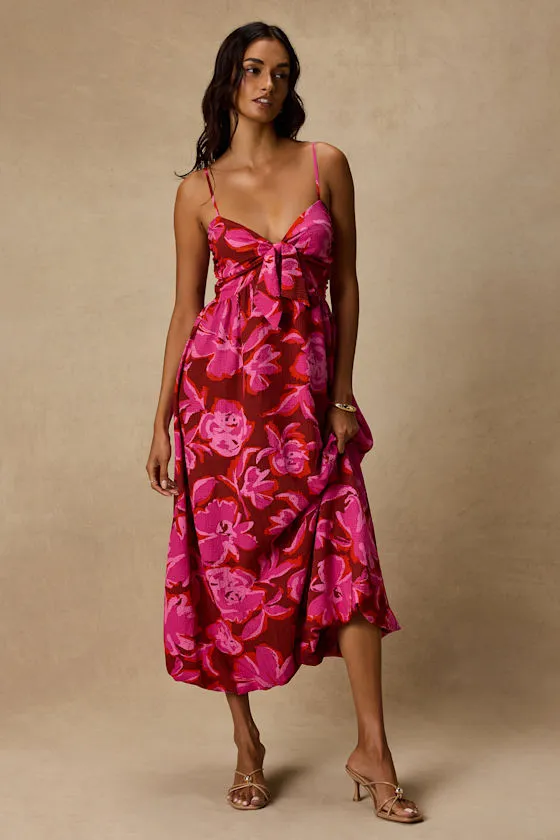 Sparrow Red and Pink Floral Tie-Front Midi Dress sold by Lulus product image thumbnail 2